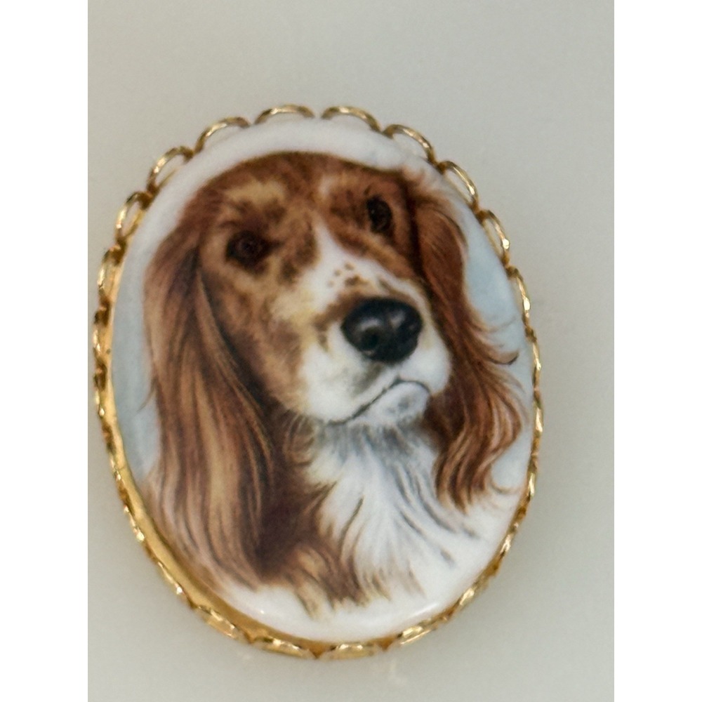 Vintage China or Porcelain Transfer Oval Pin Brooch Spaniel Hound Beagle NWOT‎ - Picture 15 of 15